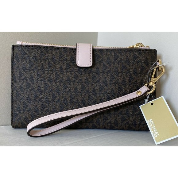 New Michael Kors Jet Set Travel Double zip wristlet wallet Brown / Blush multi - Picture 5 of 6